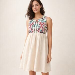 Anthropologie by Gryphon Embroidered Boho Cream Linen Mini Dress XS/S